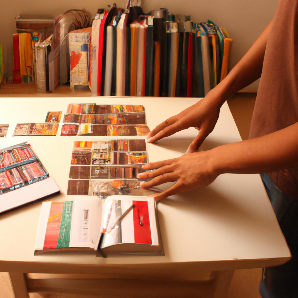 Person arranging books and designs