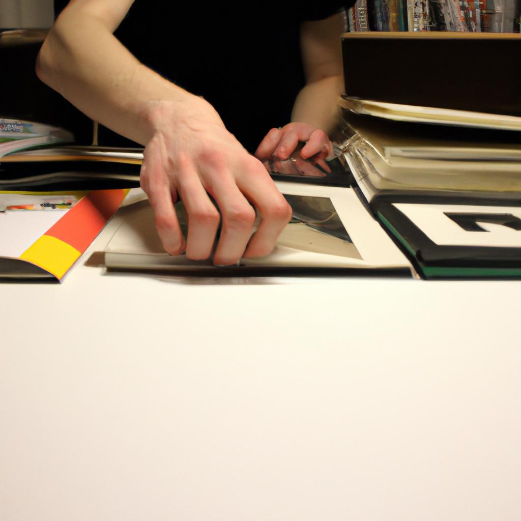Person arranging design books, curating